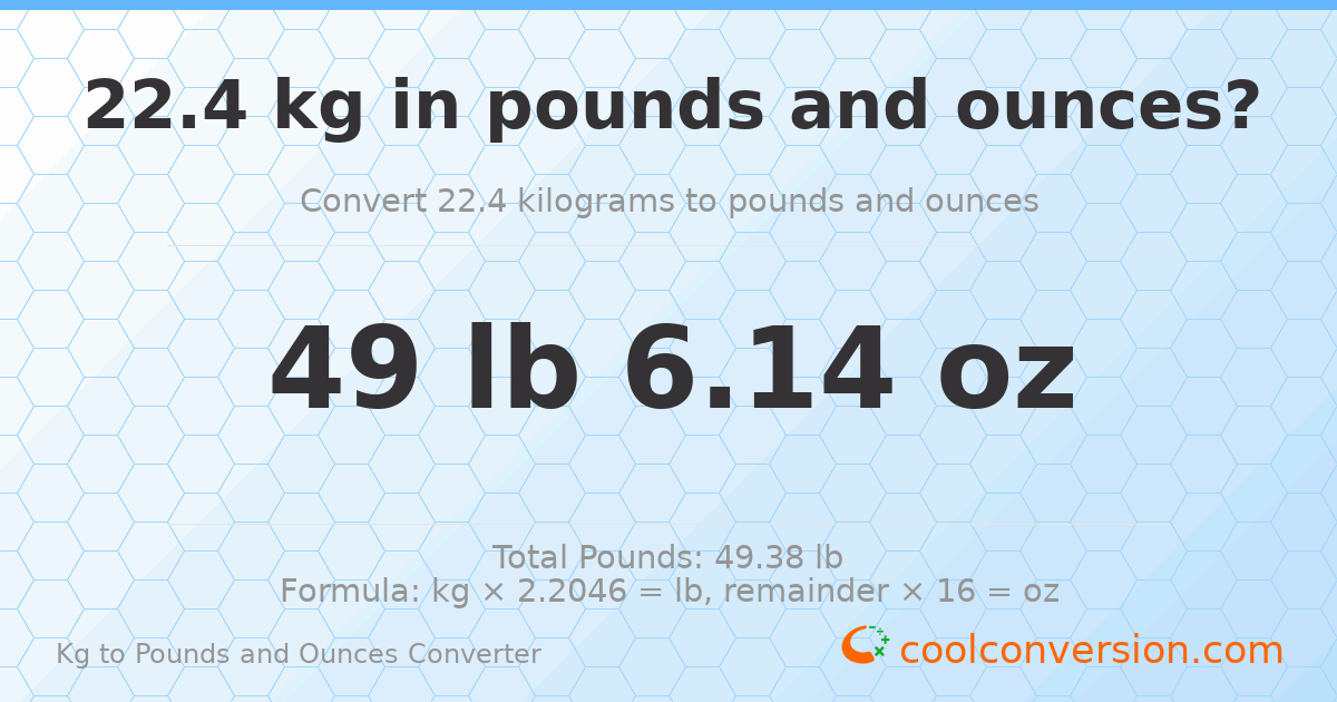 22.4 kg to lbs and oz — 22.4 kg = 49 lb 6.14 oz
