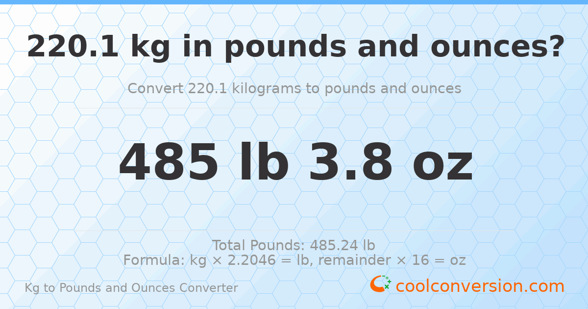 220.1 kg to lbs and oz — 220.1 kg = 485 lb 3.8 oz