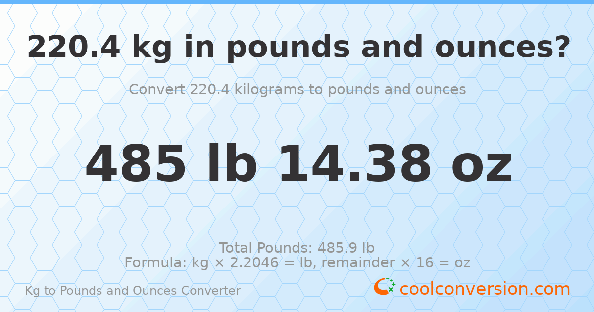 220.4 kg to lbs and oz — 220.4 kg = 485 lb 14.38 oz