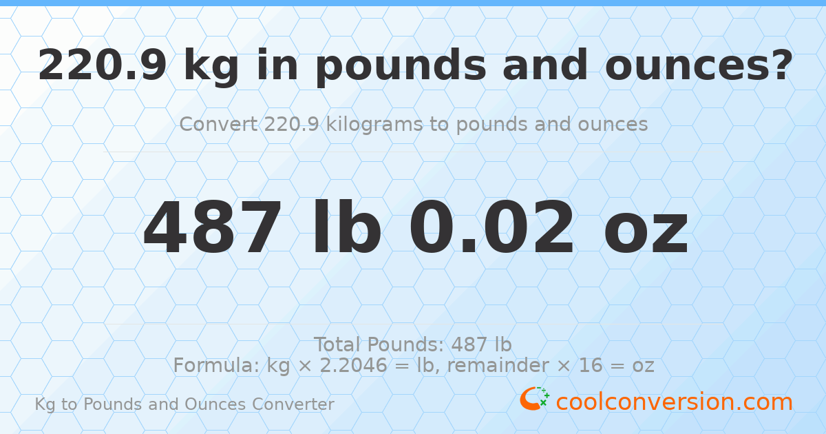 220.9 kg to lbs and oz — 220.9 kg = 487 lb 0.02 oz