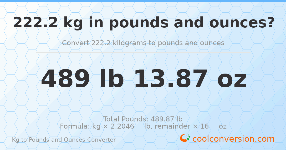 222.2 kg to lbs and oz — 222.2 kg = 489 lb 13.87 oz