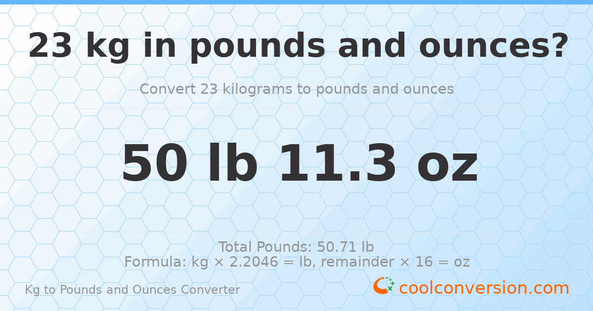 23 kg to lbs and oz — 23 kg = 50 lb 11.3 oz