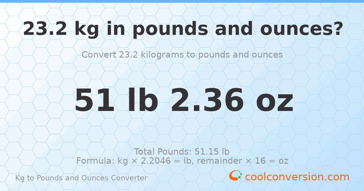 23.2 kg to lbs and oz — 23.2 kg = 51 lb 2.36 oz