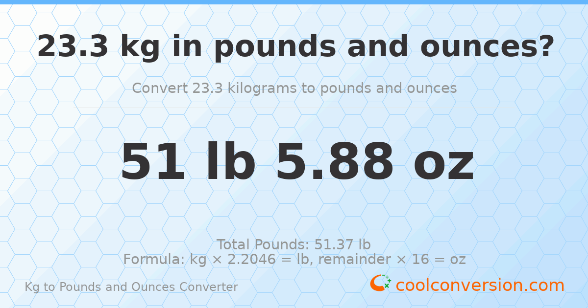23.3 kg to lbs and oz — 23.3 kg = 51 lb 5.88 oz