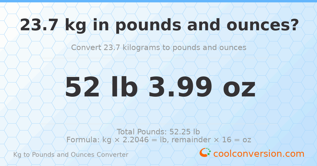 23.7 kg to lbs and oz — 23.7 kg = 52 lb 3.99 oz