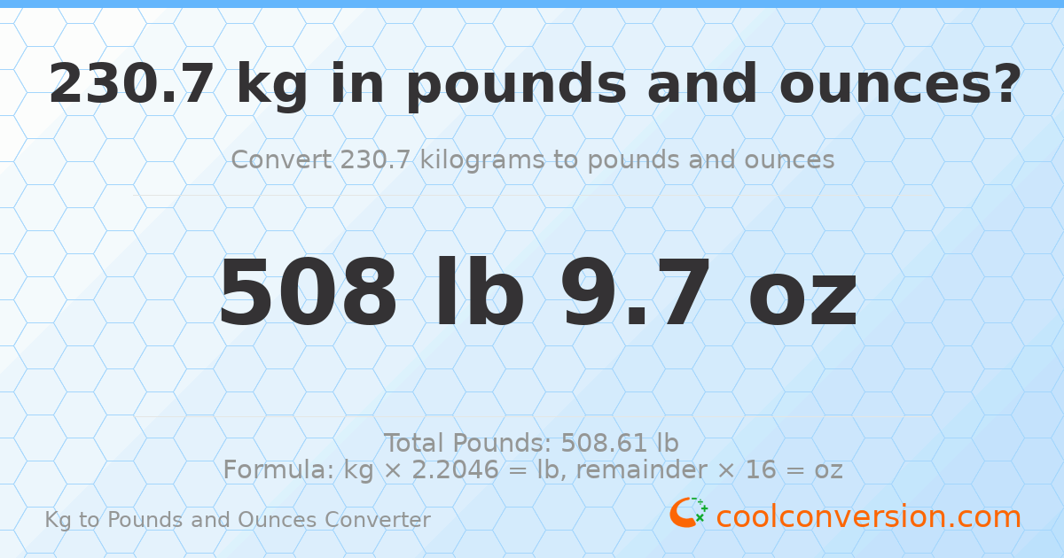 230.7 kg to lbs and oz — 230.7 kg = 508 lb 9.7 oz