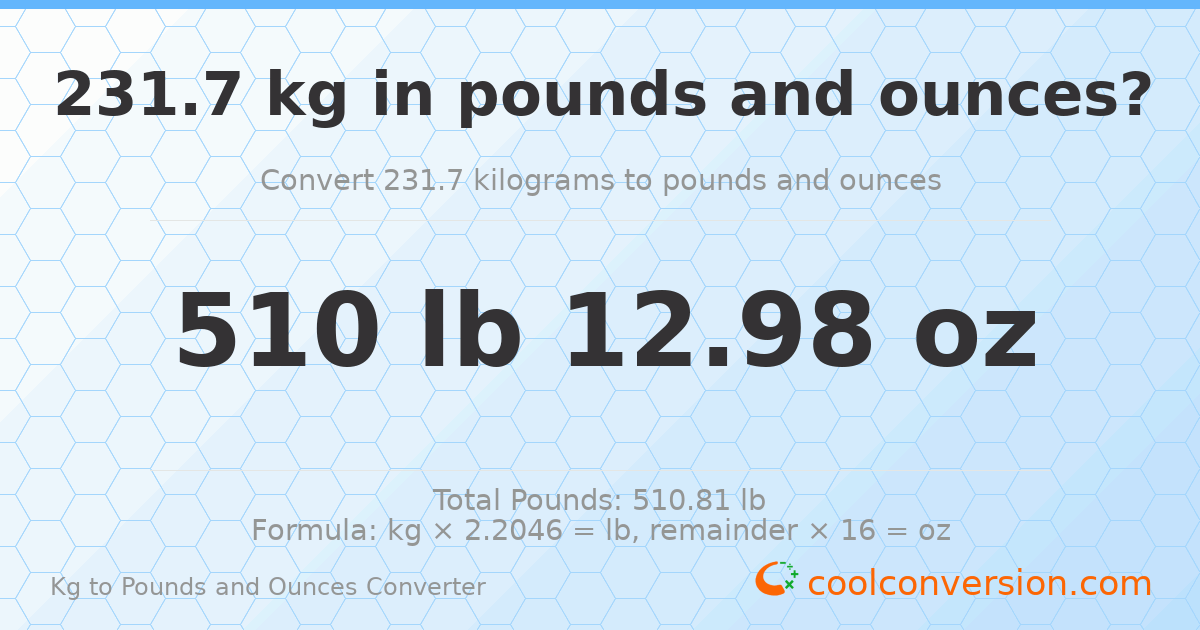 231.7 kg to lbs and oz — 231.7 kg = 510 lb 12.98 oz