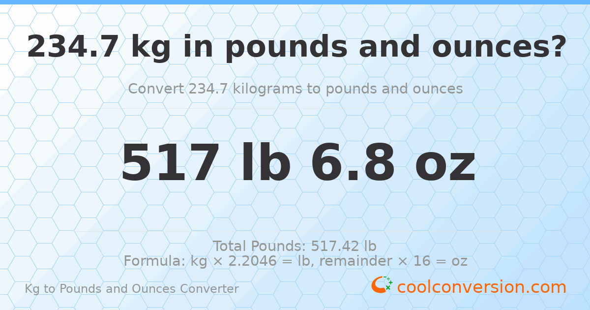 234.7 kg to lbs and oz — 234.7 kg = 517 lb 6.8 oz