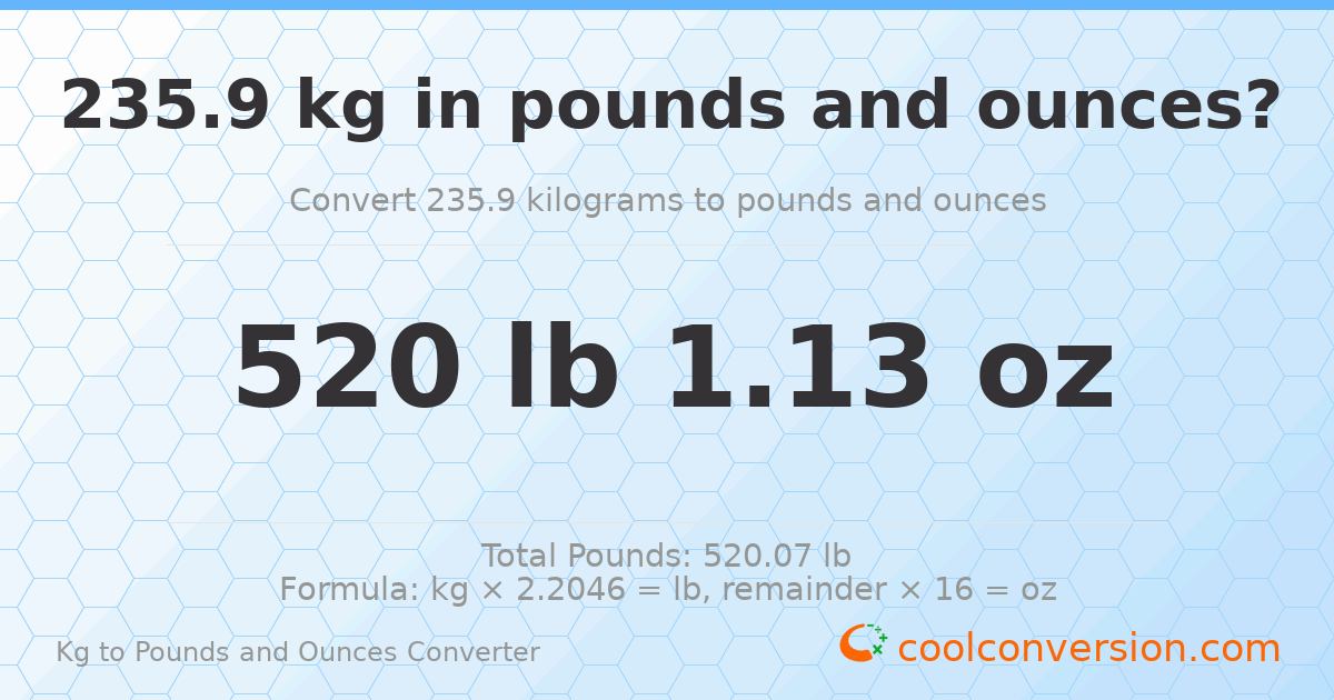 235.9 kg to lbs and oz — 235.9 kg = 520 lb 1.13 oz