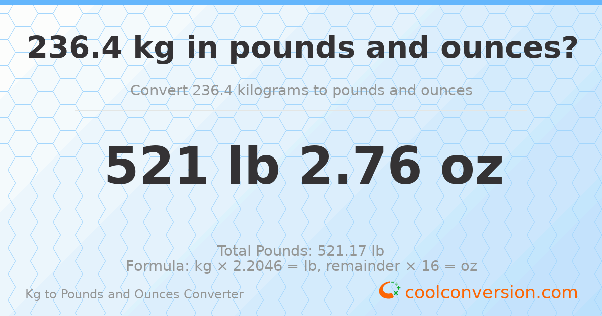 236.4 kg to lbs and oz — 236.4 kg = 521 lb 2.76 oz