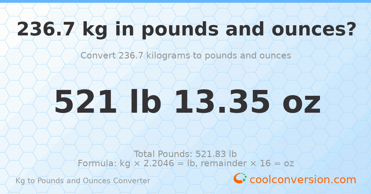 236.7 kg to lbs and oz — 236.7 kg = 521 lb 13.35 oz