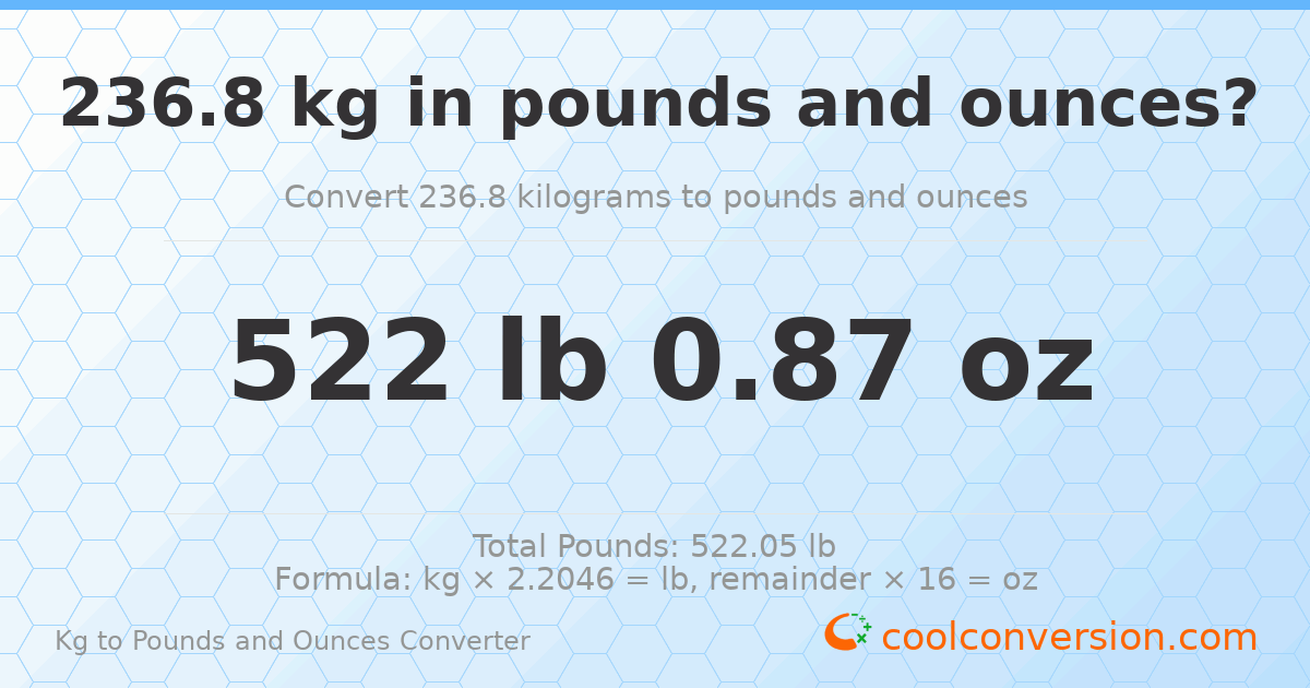 236.8 kg to lbs and oz — 236.8 kg = 522 lb 0.87 oz