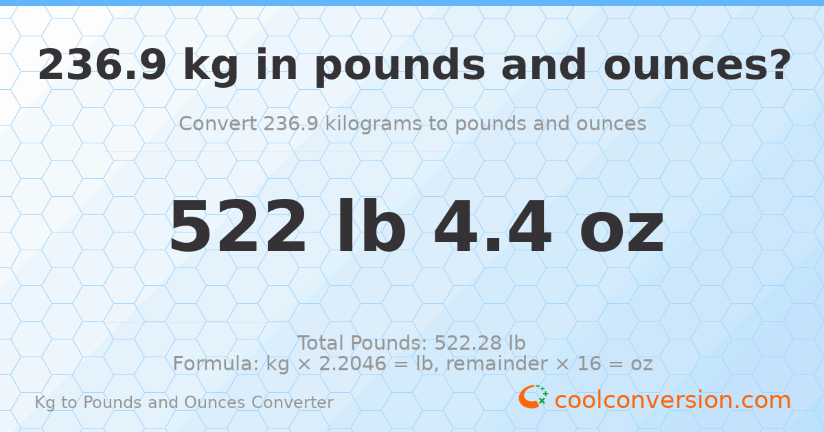 236.9 kg to lbs and oz — 236.9 kg = 522 lb 4.4 oz