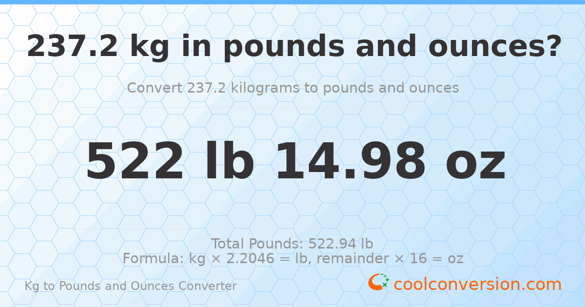 237.2 kg to lbs and oz — 237.2 kg = 522 lb 14.98 oz