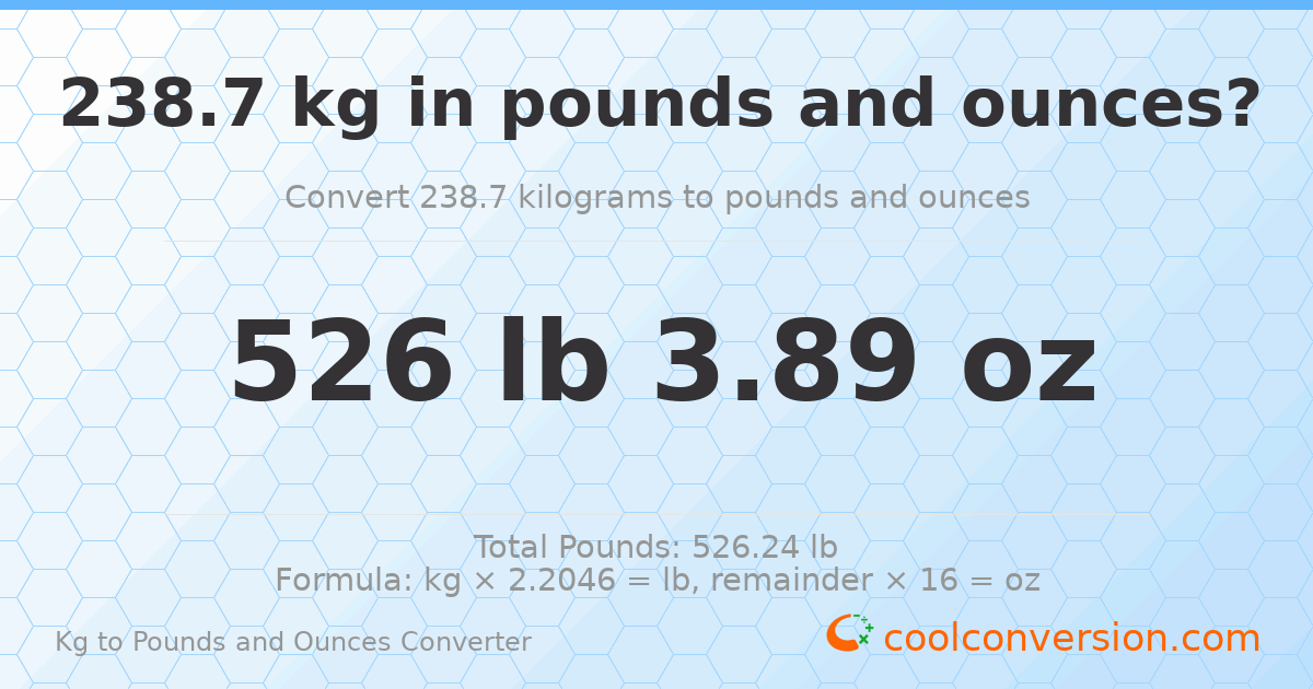 238.7 kg to lbs and oz — 238.7 kg = 526 lb 3.89 oz