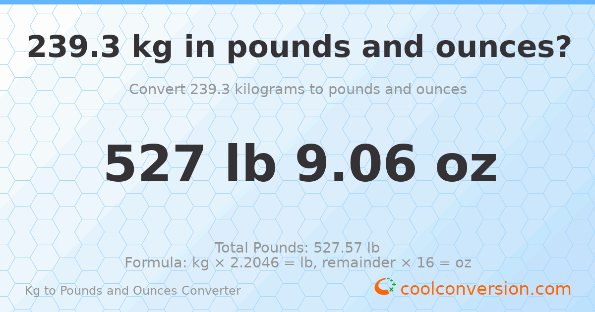 239.3 kg to lbs and oz — 239.3 kg = 527 lb 9.06 oz