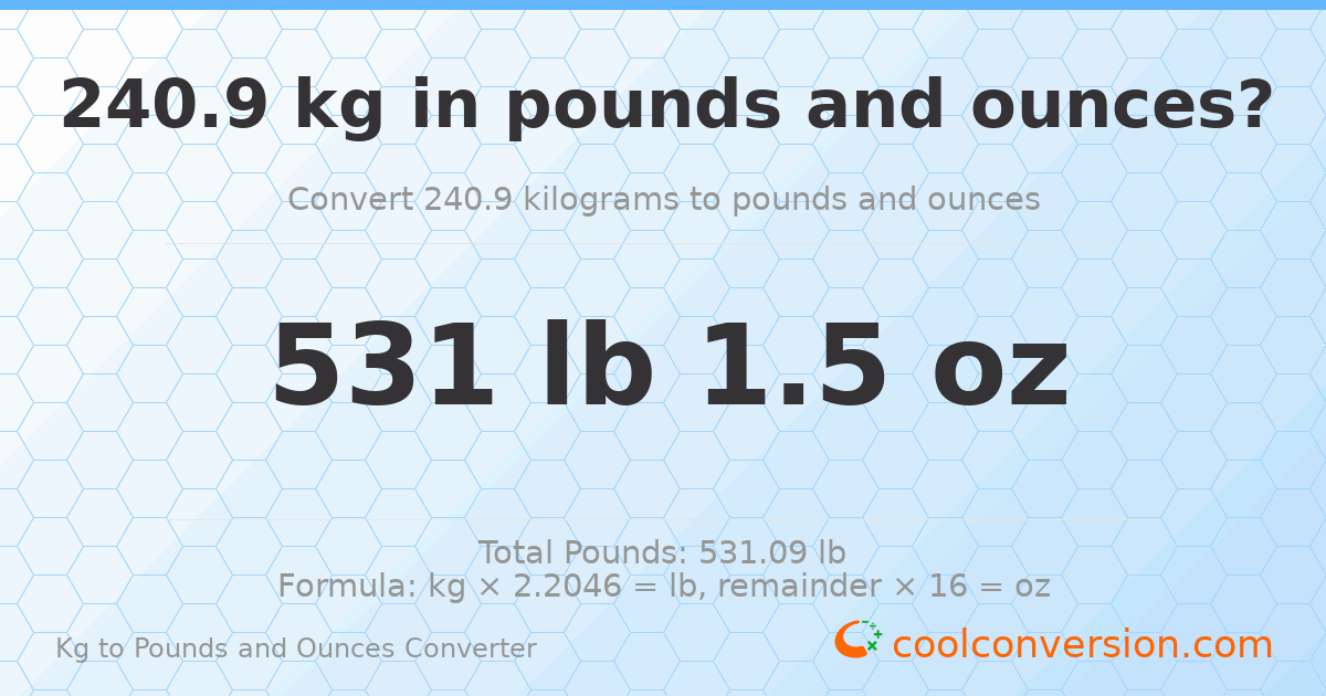 240.9 kg to lbs and oz — 240.9 kg = 531 lb 1.5 oz