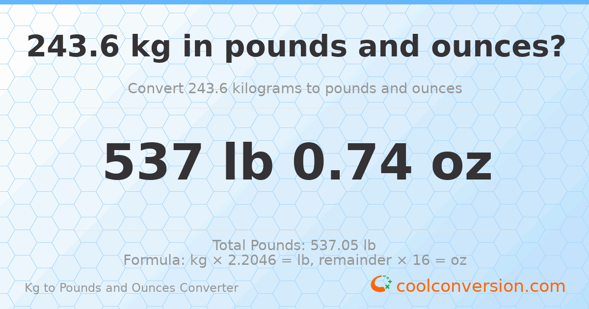 243.6 kg to lbs and oz — 243.6 kg = 537 lb 0.74 oz