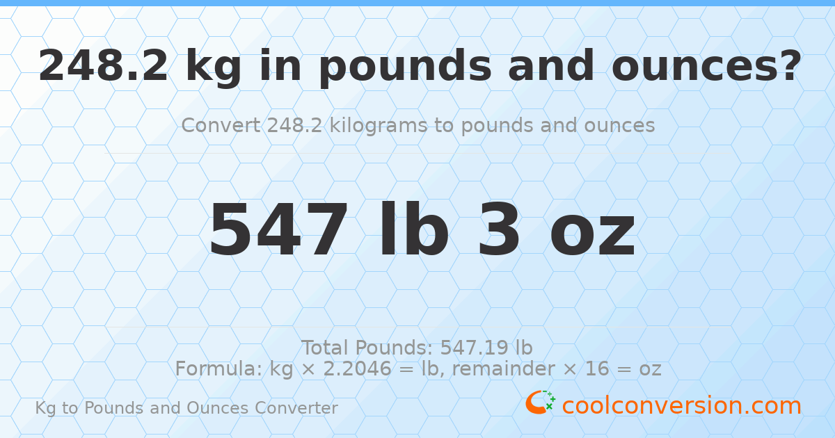 248.2 kg to lbs and oz — 248.2 kg = 547 lb 3 oz