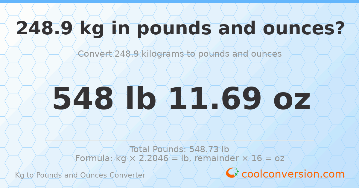 248.9 kg to lbs and oz — 248.9 kg = 548 lb 11.69 oz