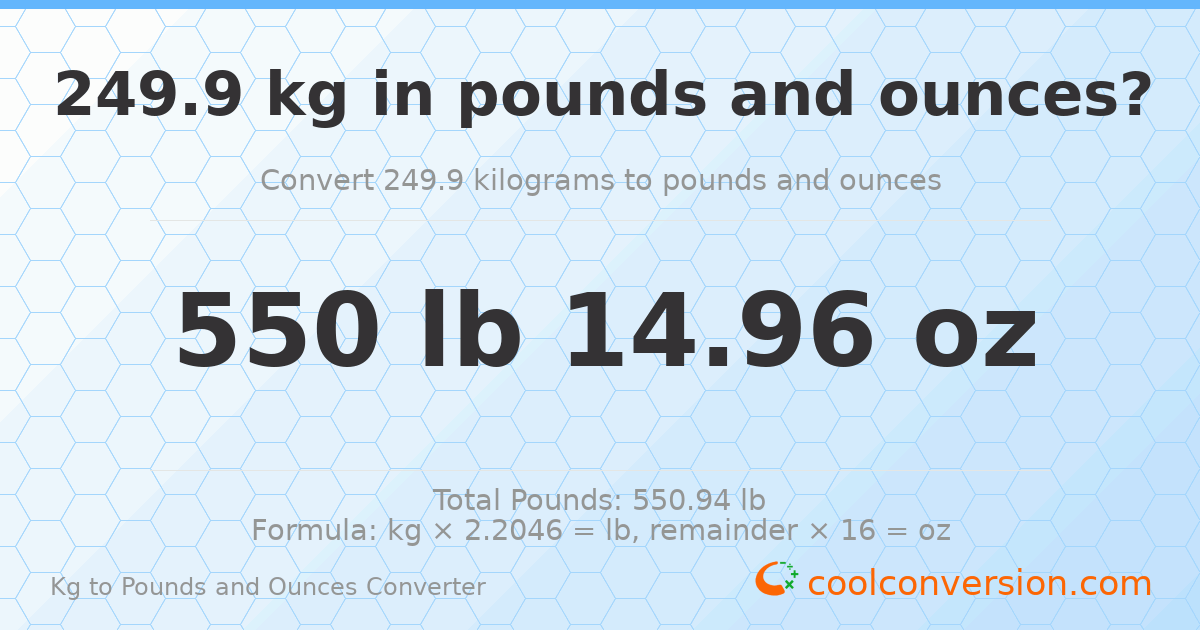 249.9 kg to lbs and oz — 249.9 kg = 550 lb 14.96 oz