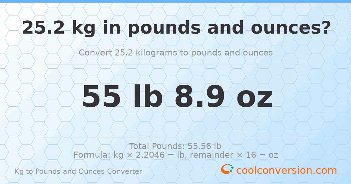 25.2 kg to lbs and oz — 25.2 kg = 55 lb 8.9 oz
