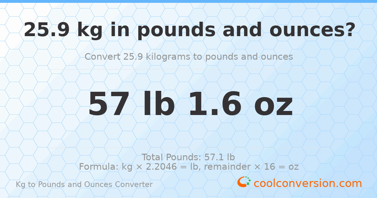 25.9 kg to lbs and oz — 25.9 kg = 57 lb 1.6 oz