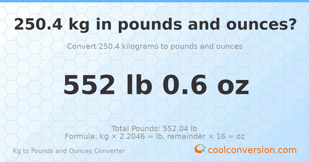 250.4 kg to lbs and oz — 250.4 kg = 552 lb 0.6 oz