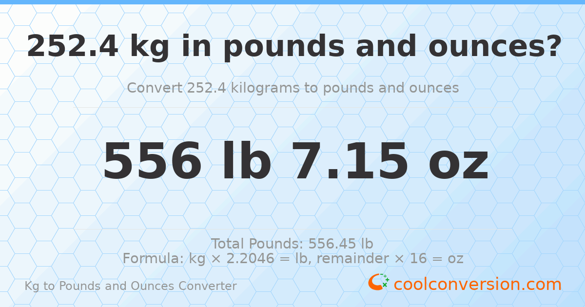 252.4 kg to lbs and oz — 252.4 kg = 556 lb 7.15 oz