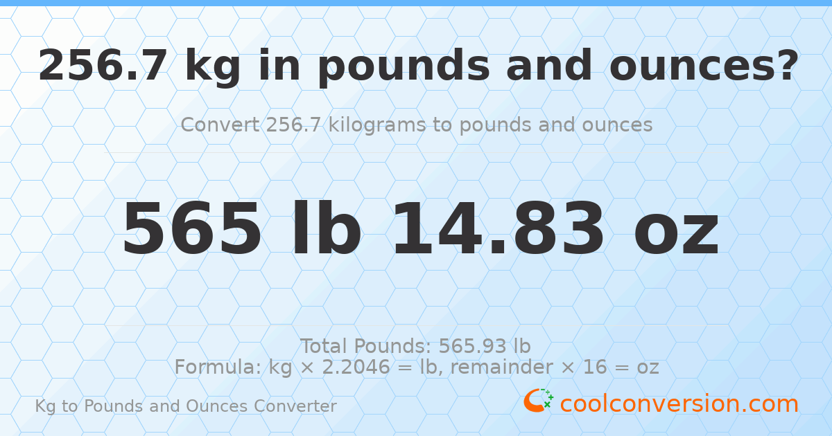 256.7 kg to lbs and oz — 256.7 kg = 565 lb 14.83 oz