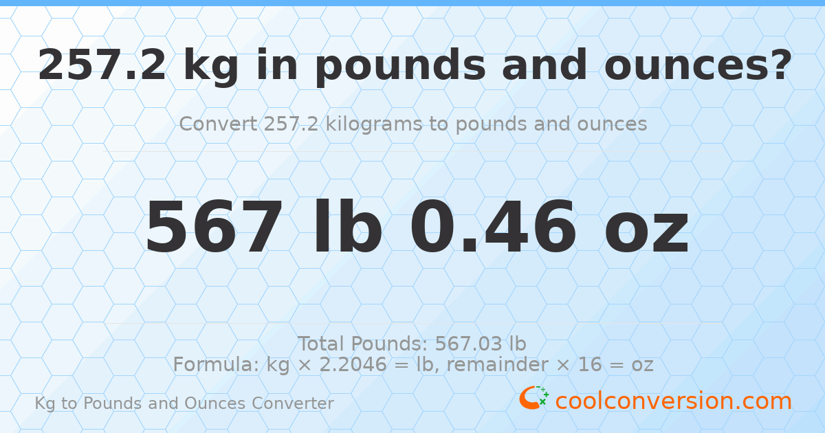 257.2 kg to lbs and oz — 257.2 kg = 567 lb 0.46 oz