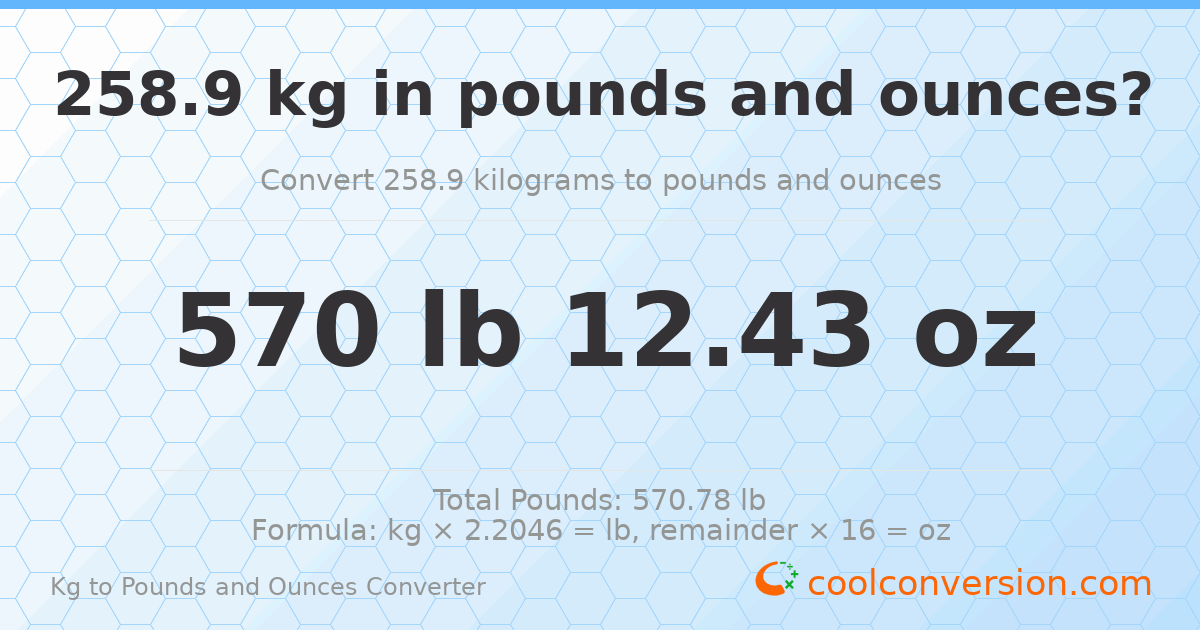 258.9 kg to lbs and oz — 258.9 kg = 570 lb 12.43 oz