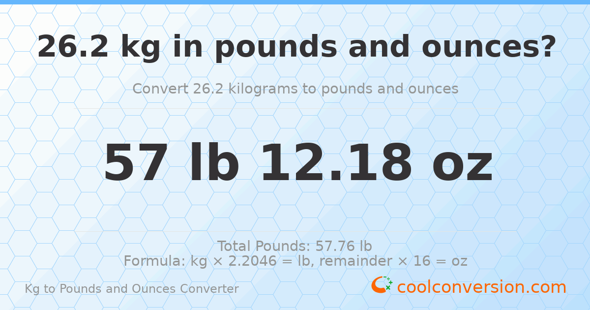26.2 kg to lbs and oz — 26.2 kg = 57 lb 12.18 oz