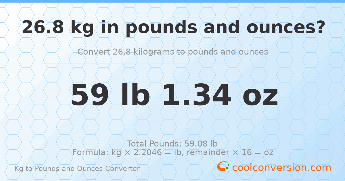 26.8 kg to lbs and oz — 26.8 kg = 59 lb 1.34 oz