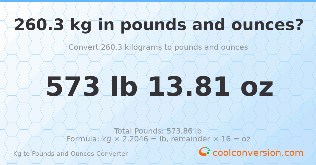 260.3 kg to lbs and oz — 260.3 kg = 573 lb 13.81 oz