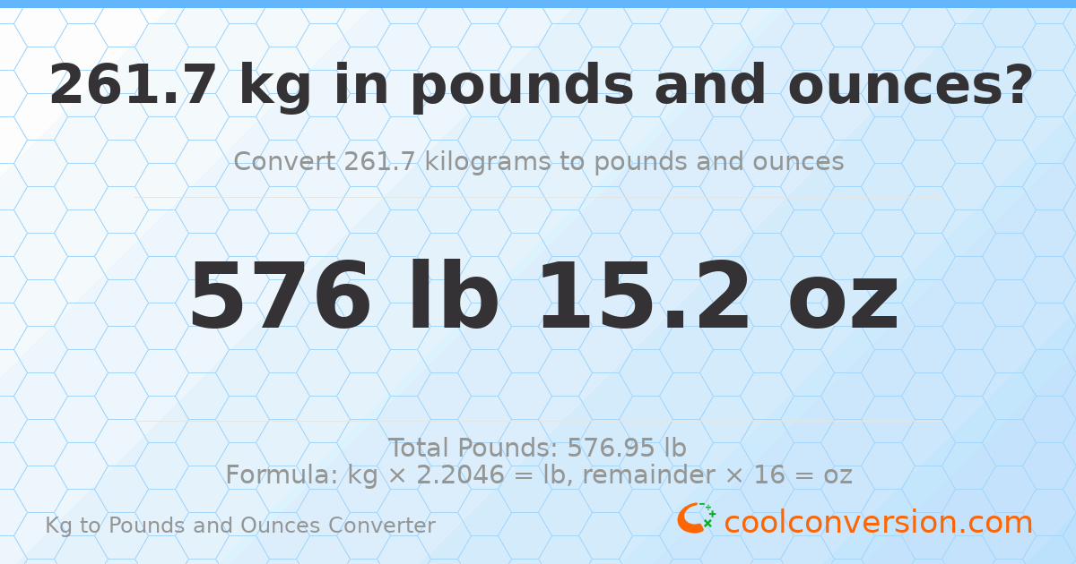 261.7 kg to lbs and oz — 261.7 kg = 576 lb 15.2 oz