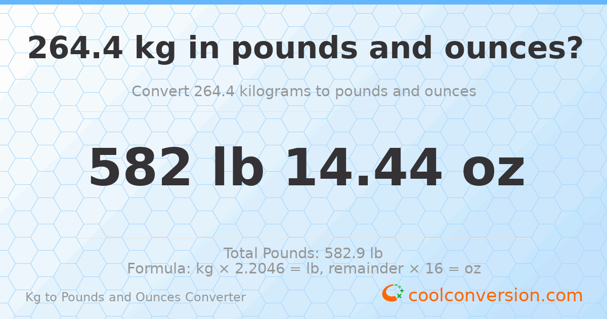 264.4 kg to lbs and oz — 264.4 kg = 582 lb 14.44 oz