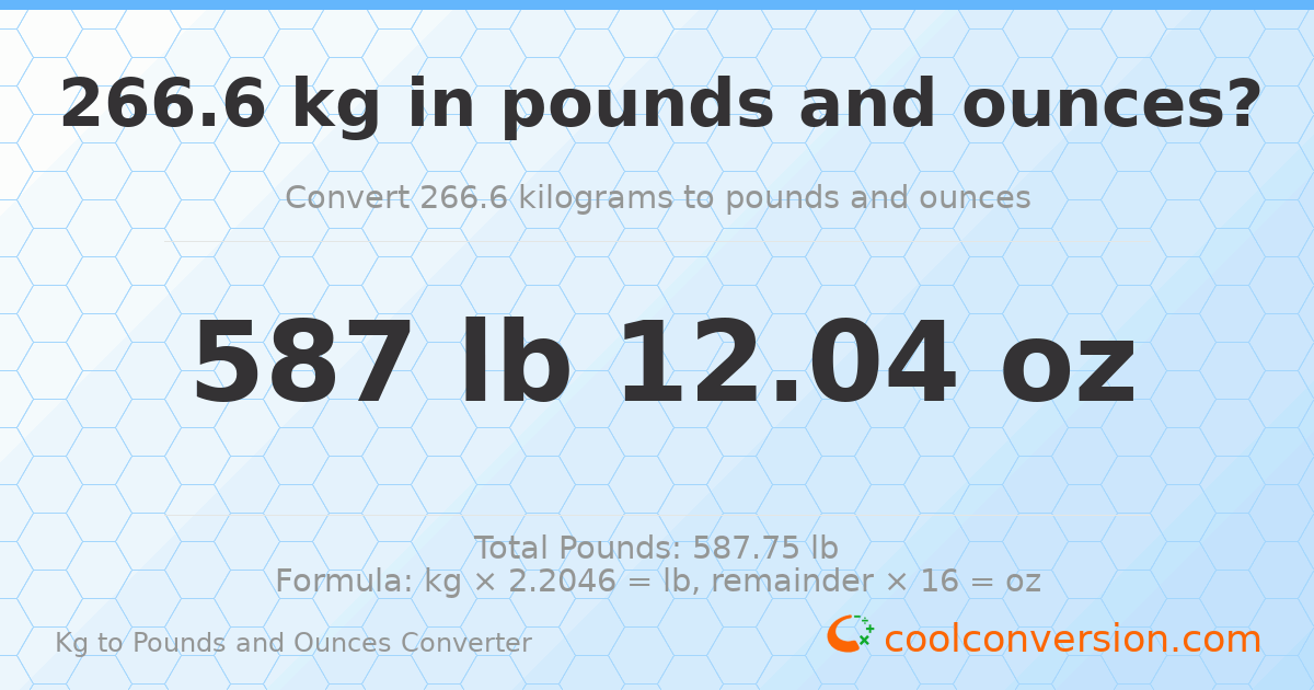 266.6 kg to lbs and oz — 266.6 kg = 587 lb 12.04 oz