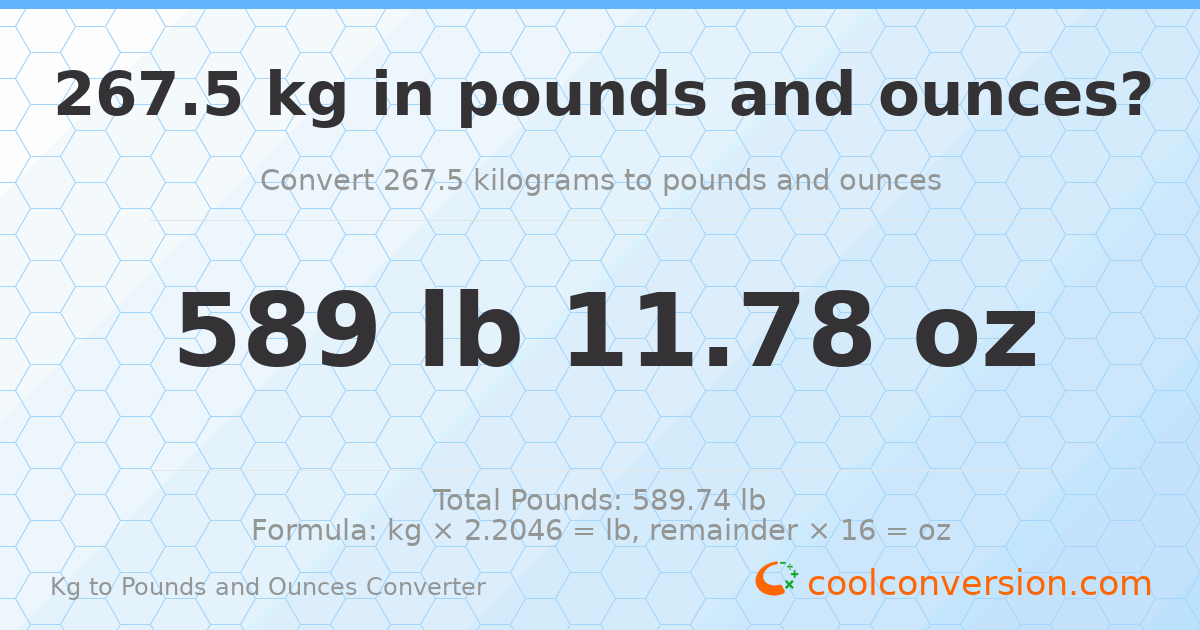267.5 kg to lbs and oz — 267.5 kg = 589 lb 11.78 oz