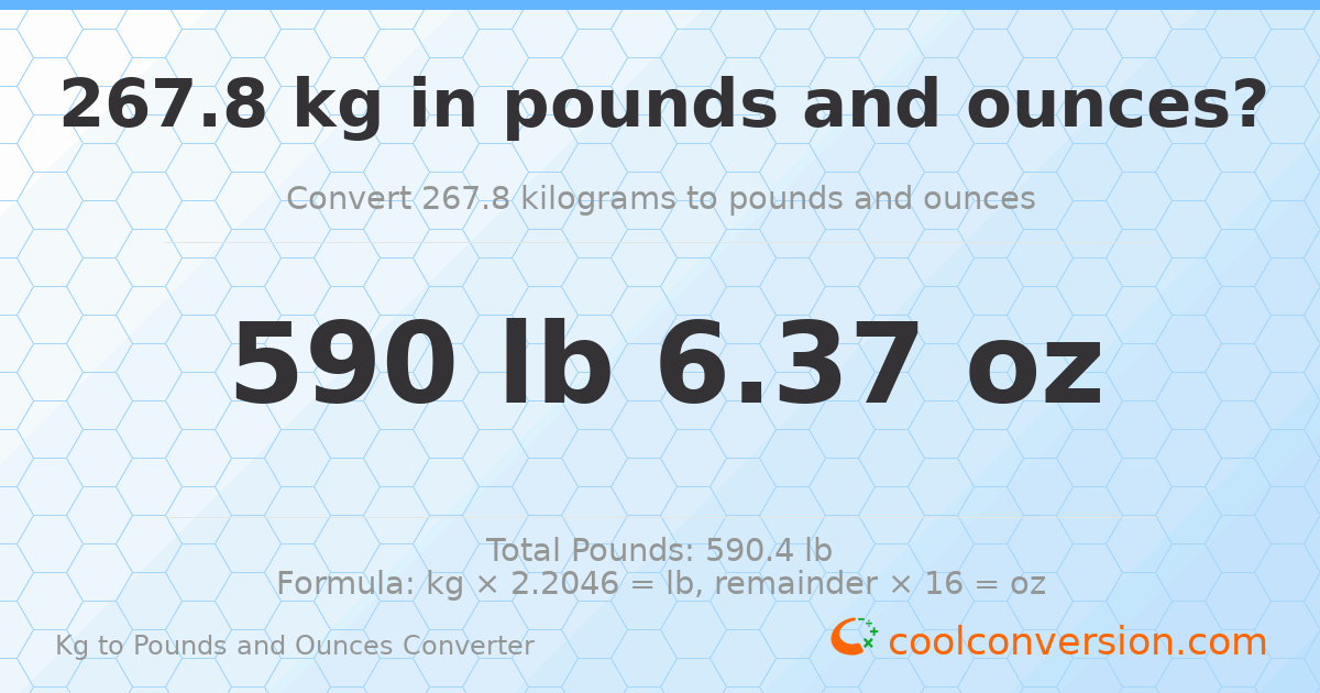 267.8 kg to lbs and oz — 267.8 kg = 590 lb 6.37 oz