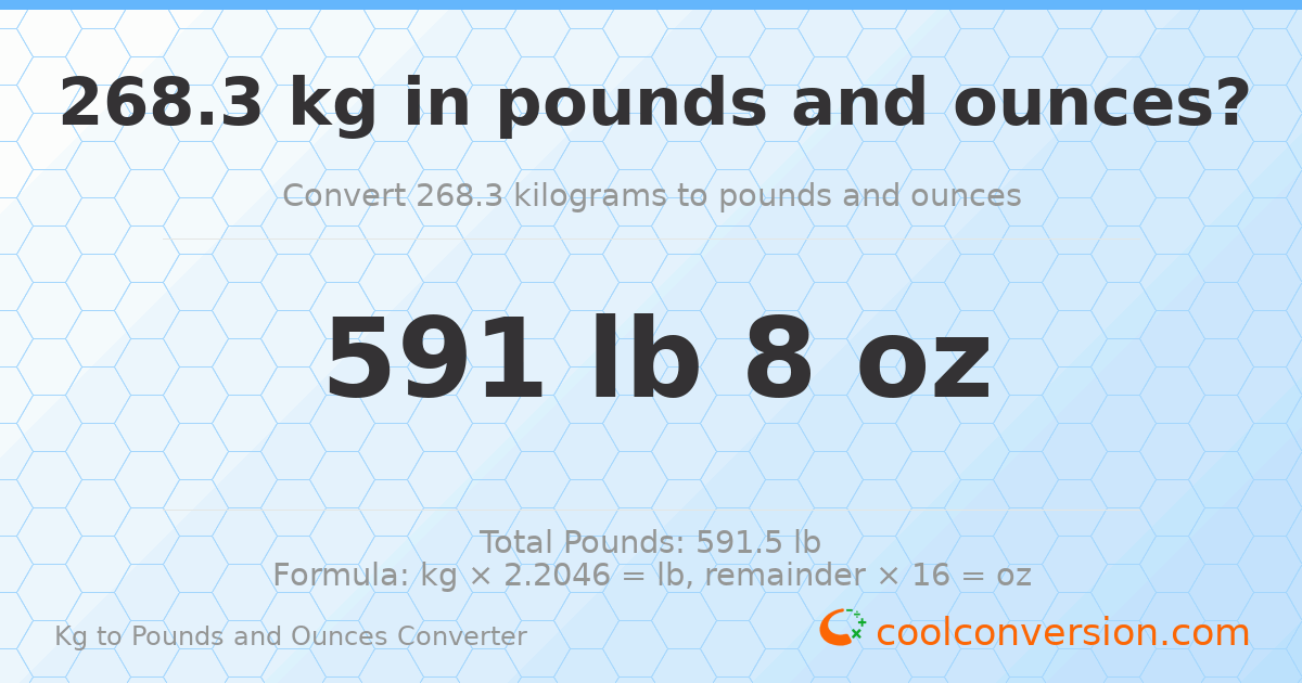 268.3 kg to lbs and oz — 268.3 kg = 591 lb 8 oz