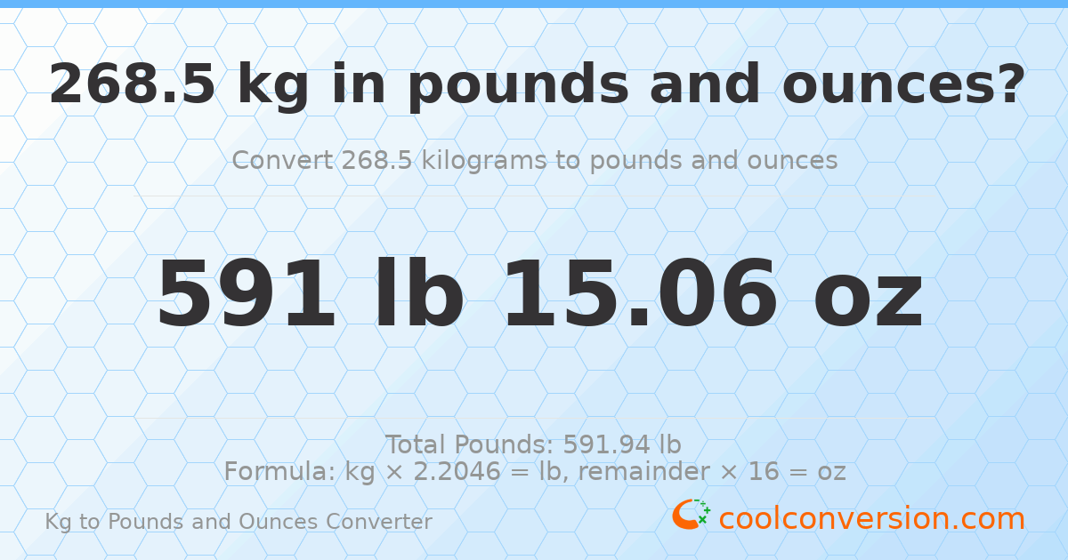 268.5 kg to lbs and oz — 268.5 kg = 591 lb 15.06 oz