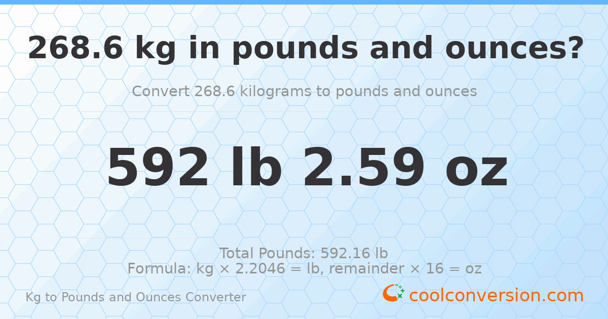 268.6 kg to lbs and oz — 268.6 kg = 592 lb 2.59 oz