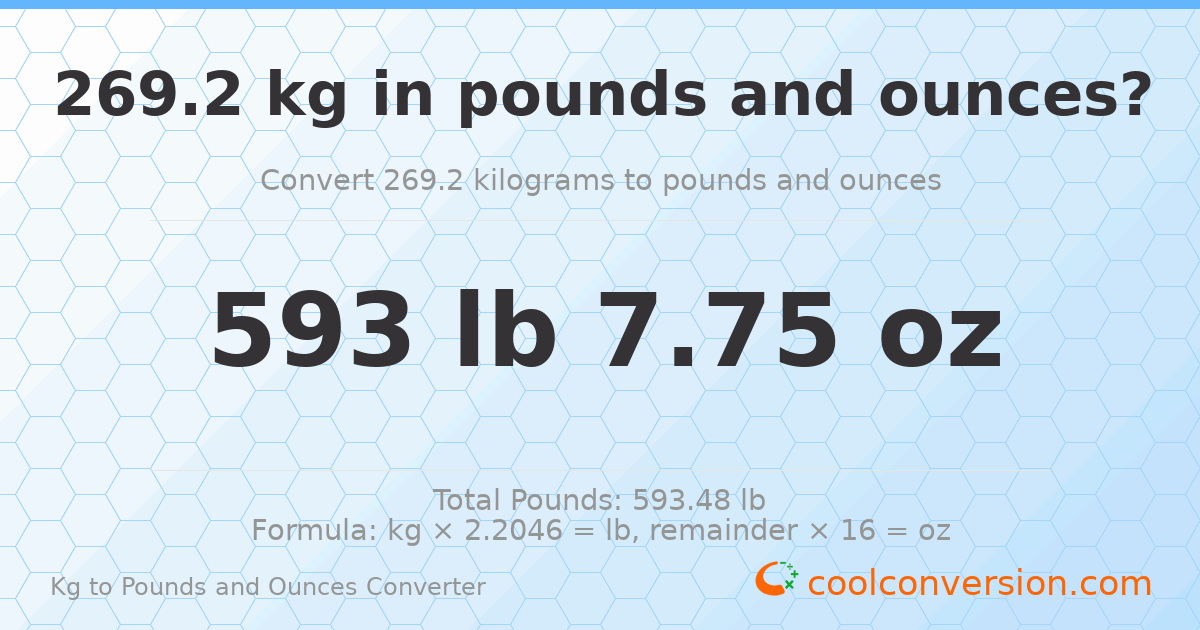269.2 kg to lbs and oz — 269.2 kg = 593 lb 7.75 oz
