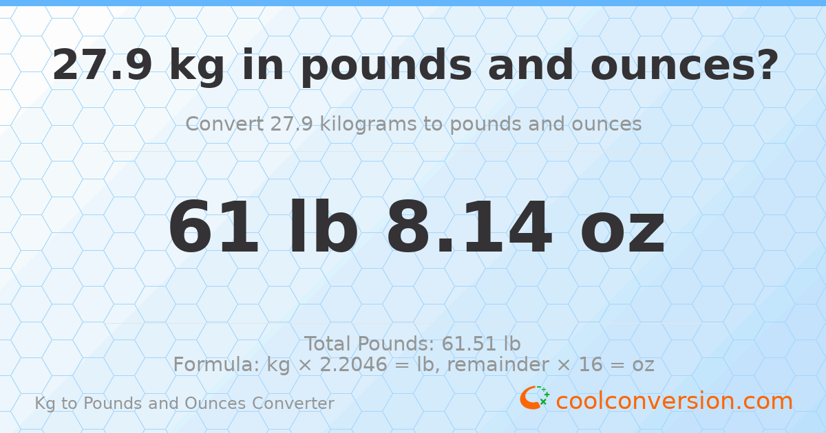 27.9 kg to lbs and oz — 27.9 kg = 61 lb 8.14 oz