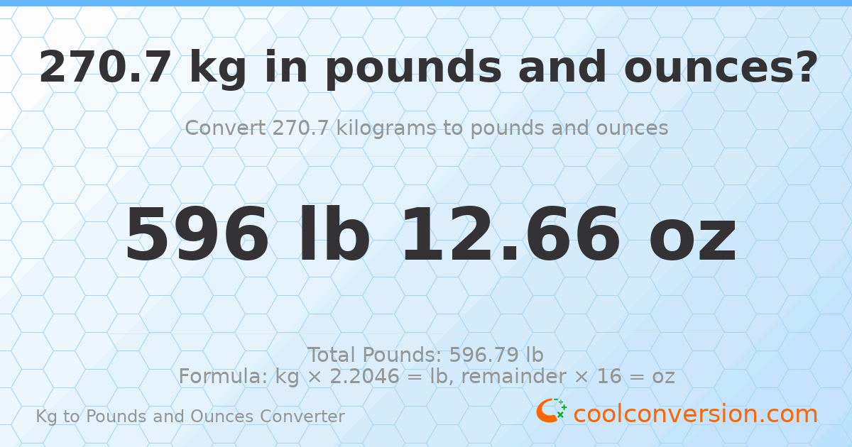270.7 kg to lbs and oz — 270.7 kg = 596 lb 12.66 oz