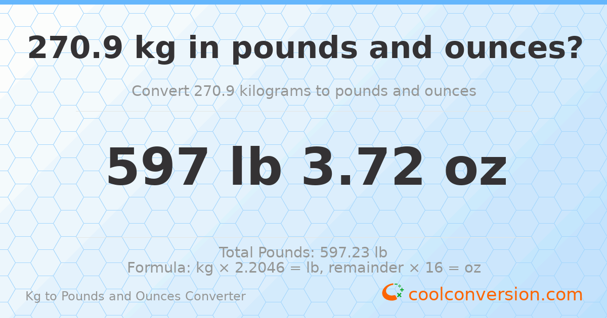 270.9 kg to lbs and oz — 270.9 kg = 597 lb 3.72 oz
