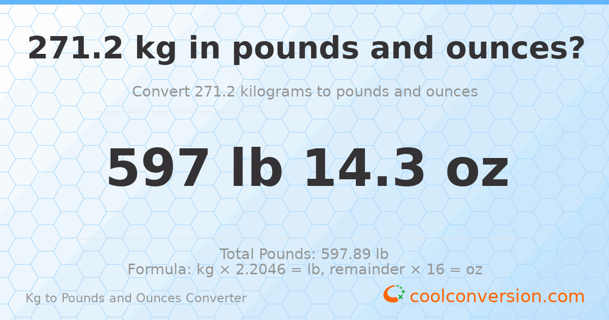 271.2 kg to lbs and oz — 271.2 kg = 597 lb 14.3 oz