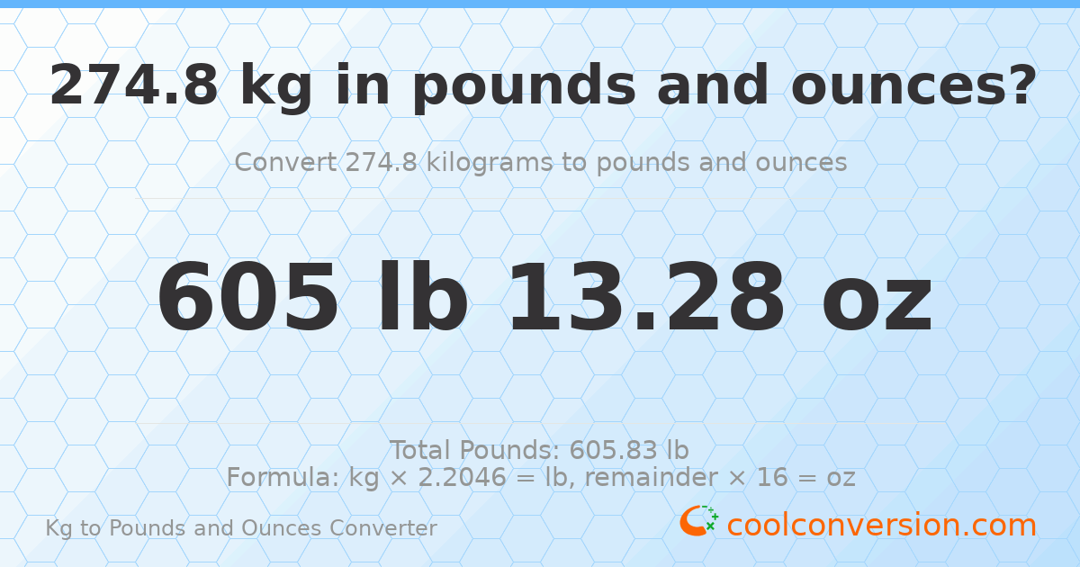 274.8 kg to lbs and oz — 274.8 kg = 605 lb 13.28 oz