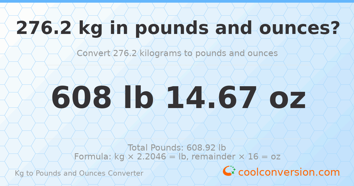 276.2 kg to lbs and oz — 276.2 kg = 608 lb 14.67 oz